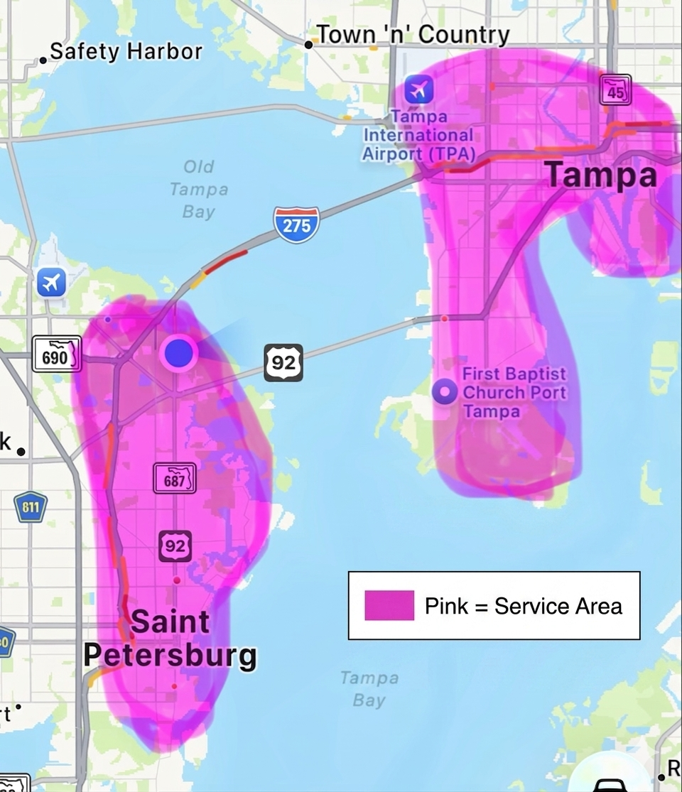 Pup Cuts service area map covering Tampa and St. Petersburg