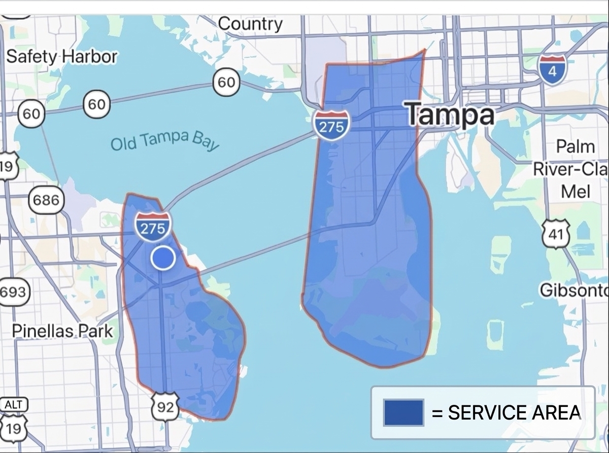 Pup Cuts service area map covering Tampa and St. Petersburg